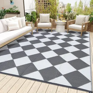 Outdoor Grey & White 8x10 Rug – Waterproof Reversible Plastic Straw Boho Patio Rug with 4 Stakes & Portable Bag, Outdoor Carpet RV Mat for Patio, Camping, Balcony, Deck, or Picnic