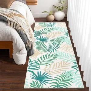 Washable Throw Rugs 2x6 Runner Rug Non Slip Modern Rugs Boho Office Rug Palm Leaves Rug for Living Room Neutral Nursery Rug Botanical Area Rug for Bedroom Farmhouse Floor Cover Green