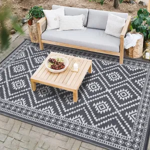 Outdoor Grey & White 9x18 Rug – Reversible Plaid Pattern Plastic Tube Rug, Foldable Portable Camping Rug, Non-Shedding, Stain-Resistant Indoor and Outdoor Rug for High Traffic Areas