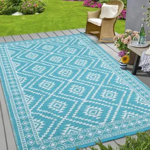 Outdoor Light Blue & White 9x18 Reversible Plaid Pattern Plastic Tube Outdoor Rug Foldable Portable Camping Rug Non-Shedding Stain-Resistant Indoor and Outdoor Rugs for High Traffic Areas