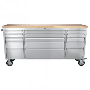 72" x 20" 15-Drawer Large Rolling Tool Chest, 72" Mobile Tool Storage Cabinet with Wheels and Wood Top, Stainless Steel Garage Tool Box Organizer with Anti-Slip Liner for Warehouse, Repair Shop