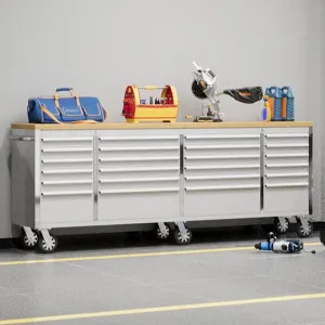96 inch Mobile Tool Chest 24 Drawers Lockable Stainless Steel Rolling Cabinet with Wood Top for Garage Workshop