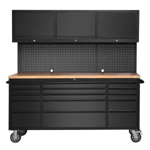 15-Drawer Large Rolling Tool Chest, 72" x 20" Mobile Tool Storage Cabinet with 3 Up Top Cabinet & Pegboard, Wheels, Garage Tool Box Organizer with Anti-Slip Liner for Warehouse, Repair Shop