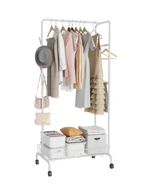 Clothes Rack on Wheels, Rolling Garment Rack with Bottom Storage Basket and Side Bar, Metal Frame Clothing Rack for Bedroom, Living Room, Closet, Laundry Room, White (Single Rod with Side Bar)
