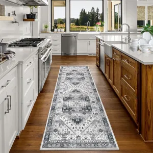 2x6 Hallway Runner Rugs, Machine Washable Traditional Rug, Non Slip Floor Carpet, Low Pile Soft Vintage Rug For Home Decor Entryway Bed Room Laundry Room Indoor, Grey