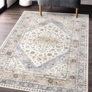 Oriental Rugs 9x12 Washable Area Rugs Non-Slip Boho Rug No-Shedding Indoor Throw Rugs Vintage Floral Printed Floor Carpets Large Decorative Rug for Living Room Dinning Room Playroom Bedroom, Beige