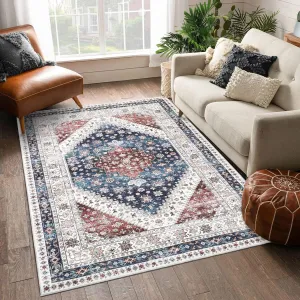8x10 Large Area Rugs For Living Room, Washable Low Pile Area Rug, Vintage distressed Throw Floorcover Indoor Non Slip, Rug For Bed Room Dining Room Indoor, Grey