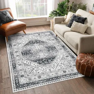 5x7 Large Rug, Machine Washable Area Rug Non Slip Floor Carpet, Low Pile Soft Traditional Rug For Bed Room Dining Room Living Room Indoor Home Decor, Grey