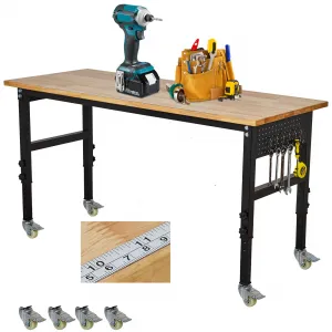48" Adjustable Workbench Heavy Duty Rubber Wood Work Table with Wheels & Pegboard for Garage Workshop 29-40" Height Adjustable Black