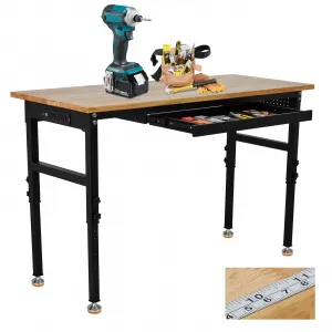 60" x 24" Adjustable Workbench with Power Outlet, 27.5" - 39.4" Adjustable Height Garage Workbench with Rulers, Pegboard, Hooks, Drawer, Foot Pads, 2000 Lbs Load Capacity for Workshop, Office, Garage, Home