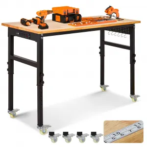 70"x 21" Adjustable Workbench with Power Outlet, 29.5" - 39.4" Adjustable Height Garage Workbench with Rulers, Pegboard, Hooks, Wheels, 2000 Lbs Load Capacity for Workshop, Office, Garage, Home