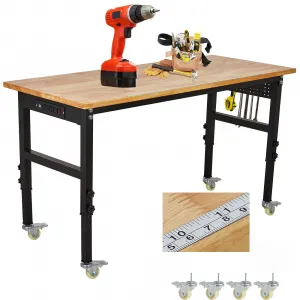 60'' Adjustable Workbench with Power Outlet, Heavy Duty Rubber Wood Work Table, 29"-40" Height Adjustable, Rolling Mobile Workbench for Garage Workshop Home Office