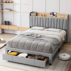 Queen Size Bed Frame with Headboard, Upholstered Platform Bed Frame with Storage Headboard and Charging Station, Large Drawers, No Box Spring Needed, Easy Assembly, Grey