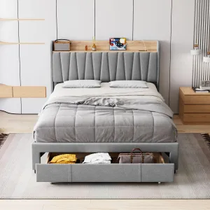Full Size Bed Frame with Storage Drawer, Upholstered Platform Bed Frame with Storage Headboard and Charging Station, Mattress Foundation with Solid Wooden Slats Support, Light Grey