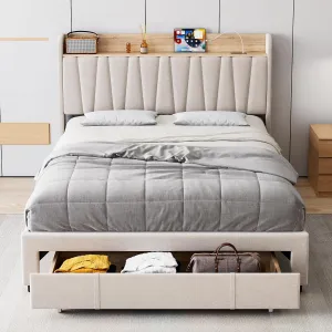 Full Size Bed Frame with Storage Headboard and Charging Station, Upholstered Platform Bed Frame with Drawer, Mattress Foundation with Solid Wooden Slats Support, No Box Spring Needed, Beige