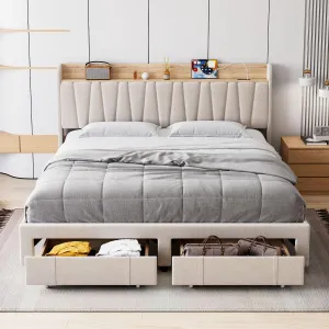 King Size Bed Frame with Storage Headboard and Charging Station, Upholstered Platform Bed Frame with Drawer, Mattress Foundation with Solid Wooden Slats Support, No Box Spring Needed, Beige
