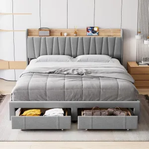 King Size Bed Frame with Storage Headboard and Charging Station, Upholstered Platform Bed Frame with Drawer, Mattress Foundation with Solid Wooden Slats Support, No Box Spring Needed, Light Grey