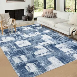 Area Rug 9x12 Washable Rugs for Living Room Modern Ombre Bedroom Rugs Abstract Office Rug Non Slip Neutral Soft Nursery Rug Low Pile Farmhouse Floor Cover Blue