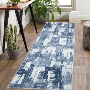 Area Rug 2x6 Washable Rugs for Living Room Modern Ombre Bedroom Rugs Abstract Office Rug Non Slip Runner Rug for Entryway Neutral Soft Nursery Rug Low Pile Farmhouse Floor Cover Blue
