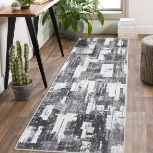 Area Rug 2x6 Washable Rugs for Living Room Modern Ombre Bedroom Rugs Abstract Office Rug Non Slip Neutral Soft Nursery Rug Low Pile Farmhouse Floor Cover Black Grey