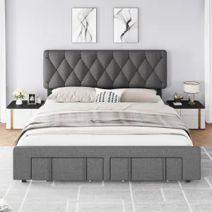 King Size Bed Frame, Upholstered Platform Bed Frame with Storage Drawers, Mattress Foundation with Solid Wooden Slats Support, No Box Spring Needed, Grey