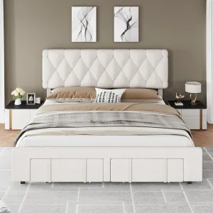 King Size Bed Frame, Upholstered Platform Bed Frame with Storage Drawers, Mattress Foundation with Solid Wooden Slats Support, No Box Spring Needed, Beige