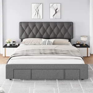 Queen Size Bed Frame, Upholstered Platform Bed Frame with Storage Drawers, Mattress Foundation with Solid Wooden Slats Support, No Box Spring Needed, Grey