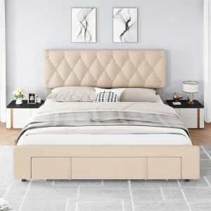 Queen Size Bed Frame with Storage Drawers, Upholstered Platform Bed Frame with Adjustable Button Tufted Headboard, Mattress Foundation with Solid Wooden Slats Support, No Box Spring Needed