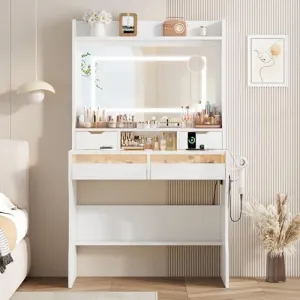 Vanity Desk with Mirror and Lights, Small Makeup Vanity Desk with Power Outlet＆Glass Top, 3 Lighting Modes Brightness Adjustable, Bedroom Dressing Table with 7 Color Light Drawers, White