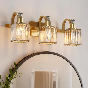 Bathroom Vanity Light Fixtures Modern Crystal Vanity Light Fixtures Over Mirror，3 Light Modern Crystal Wall Lighting with Square Shade（Gold