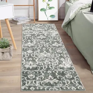 2x6 Floral Runner Rug Washable Runner Rug Kitchen Runner Rug Vintage Floor Cover for Hallways Non Slip Runner Rug Low Pile Carpet for Living Room Bedroom Dining Room,Green