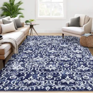 Washable Rugs 8x10 Rug for Living Room Boho Vintage Area Rug for Bedroom Indoor Floral Damask Floral Large Rug Soft Non Shedding Stain Resistant Carpet for Dining Room 8'x10' Blue