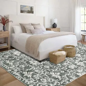 Floral Rug 8x10 Washable Rug Non Slip Area Rug Vintage Floor Cover Low Pile Carpet Foldable Area Rug Soft Carpet for Bedroom Living Room Office Nursery,Green