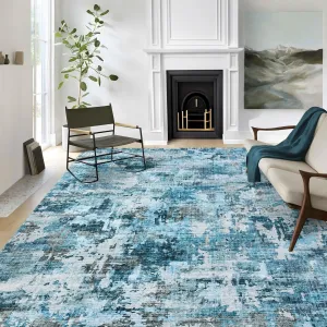 Area Rug 5x7 Washable Soft Abstract Non-Slip Living Room Bedroom Rug Blue