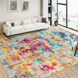 Colorful Abstract Area Rug, 5x7 Boho Washable Living Room Bedroom Rug Modern Non-Slip Non-Shedding Low Pile Area Rug Throw Rug for Dining Room Home (Colorful Multi, 5'x7')