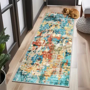 2x6 Runner Rug Washable, Blue Colorful Modern Abstract Kitchen Runners for Hallway Laundry Room, Ultra-Thin Soft Non-Slip Rug Runners for Entryway Bedroom (Blue Colorful, 2'x6')