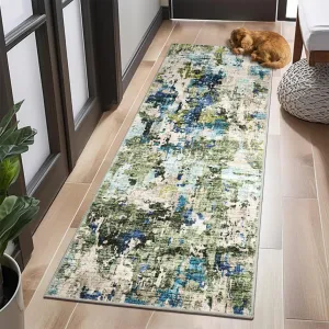 Runner Rug 2x8, Soft Modern Abstract Washable Kitchen Runners for Hallway Laundry Room, Ultra-Thin Non-Slip Rug Runners for Entryway Bedroom (Green/Blue Multi, 2'x8')