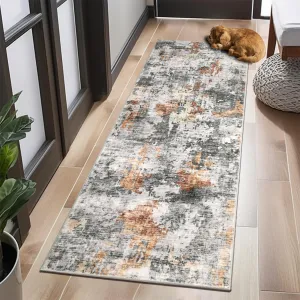 2x6 Runner Rug, Modern Abstract Washable Non-Slip Rug for Entryway Kitchen Laundry Room, Grey/Rust, 2'x6'