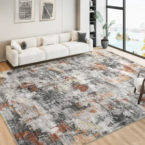 8x10 Area Rug for Living Room, Soft Abstract Washable Rug with Non-Slip Backing, Ultra-Thin Foldable Large Area Rug for Bedroom Dining Room (Grey/Rust, 8'x10')
