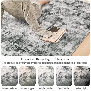 Washable Area Rug 4x6, Soft Abstract Rug for Bedroom Living Room, Low Pile Non-Slip Vintage Area Rug for Dining Room Office Playroom (Grey, 4'x6')