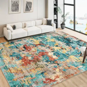 Blue Colorful Abstract Area Rug, 5x7 Boho Washable Living Room Rugs Modern Non-Slip Non-Shedding Low Pile Throw Rugs for Bedroom Dining Room (Blue Colorful, 5'x7')