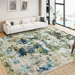 Large Area Rugs for Living Room, 6x9 Modern Abstract Washable Living Room Rug Soft Non-Slip Low Pile Carpet Rugs for Bedoroom Dining Room Indoor (Green/Blue Multi, 6'x9')