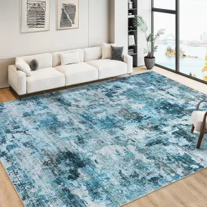8x10 Area Rug for Living Room Washable, Boho Abstract Large Area Rug with Non-Slip Backing, Ultra-Thin Soft Non-Shedding Vintage Rug for Bedroom Dining Room Indoor, Blue