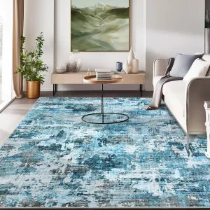 Large 6x9 Area Rugs Boho Abstract Washable Non-Slip Low Pile Carpet for Living Room Bedroom Dining Room, Blue