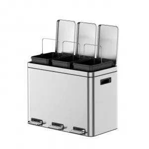 Trash Can, 3 x 4-Gallon Garbage Can for Kitchen, 3 Compartments for Recycling and Trash, Plastic Inner Buckets and Hinged Lids, Wide Stainless Steel Shape (15 + 15 + 15 for 45L Total), Silver