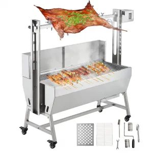 Stainless Steel Rotisserie Grill with Windscreen - Electric BBQ Whole Pig/Lamb Spit Roaster w/Lockable Wheels for Outdoor Cooking