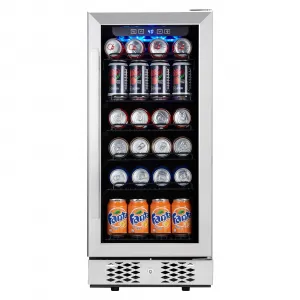 96 Cans Beverage Wine Refrigerator with Adjustable Shelves & Glass Door, Stainless Steel, Safe Lock, Built-in or Freestanding for Home Bars