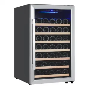 20 Inch Wine Fridge 52 Bottle Capacity Digital Temp Control Beech Wood Shelves Glass Door Blue LED Light Freestanding Home Bar