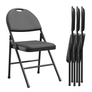 4 Pack Folding Chairs, Portable Metal Frame Padded Folding Chair, Foldable Chairs with PU Leather Cushion and Back for Guests Kitchen Office Events Wedding Party, Black