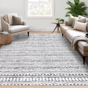 Washable Area Rug 3x5 Entryway Rug Washable Mat Grey Rug Low Pile Non-Shedding Farmhouse Neutral Rug Indoor Soft Non Slip Carpet for Living Room Bedroom Dining Room Home Office Grey